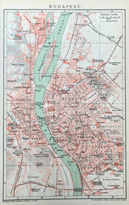 Hungary, "Budapest"  Engraving printed in color, 1894. On the reverse side is a street and monument key list shown on the map. Interest plan of Budapest showing the major institutions and monuments of the time