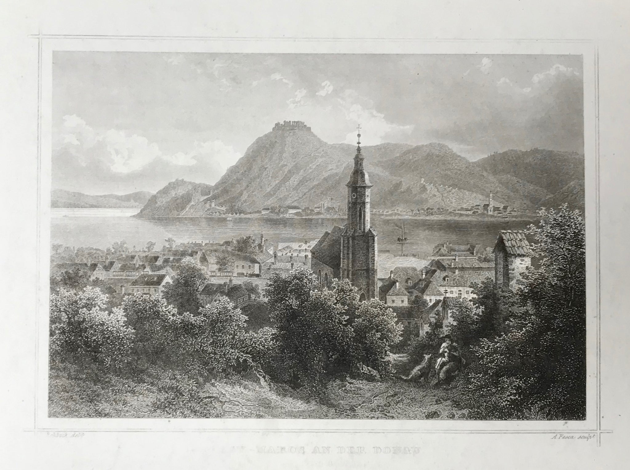 Hungary, Maros an der Donau  Steel engraving by A. Fesca after Rohbock ca 1850. Title is very light and faded.