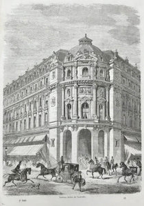 "Nouveau theatre du Vaudville"  Wood engraving published 1867. On the reverse side is text (in French) about the Vaudeville Theater.