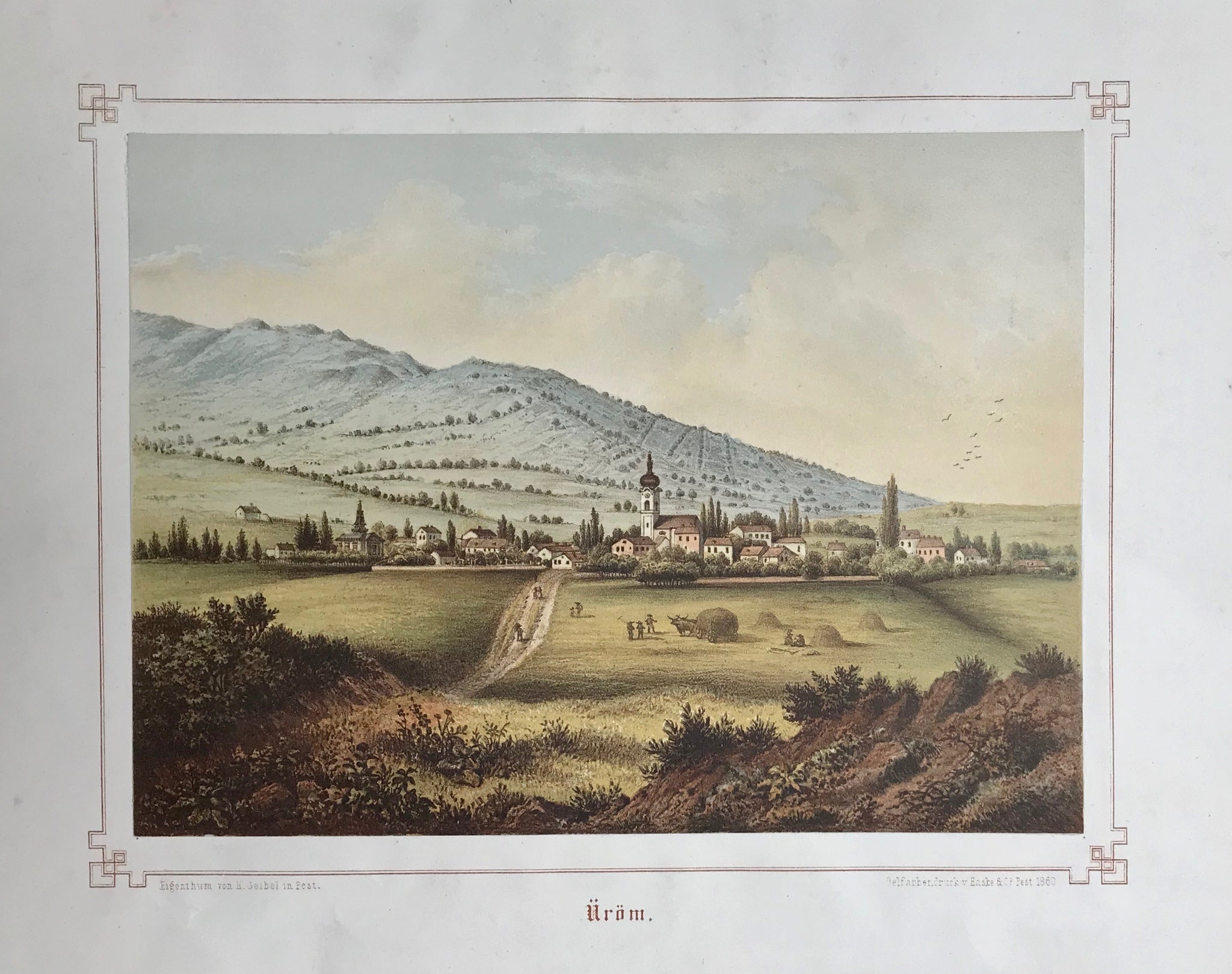 Üröm  One of the "Schwabendörfer".  Chromolithograph, dated 1860. Lithograph was mounted on a heavier backing with decorative "frameline" of the time.