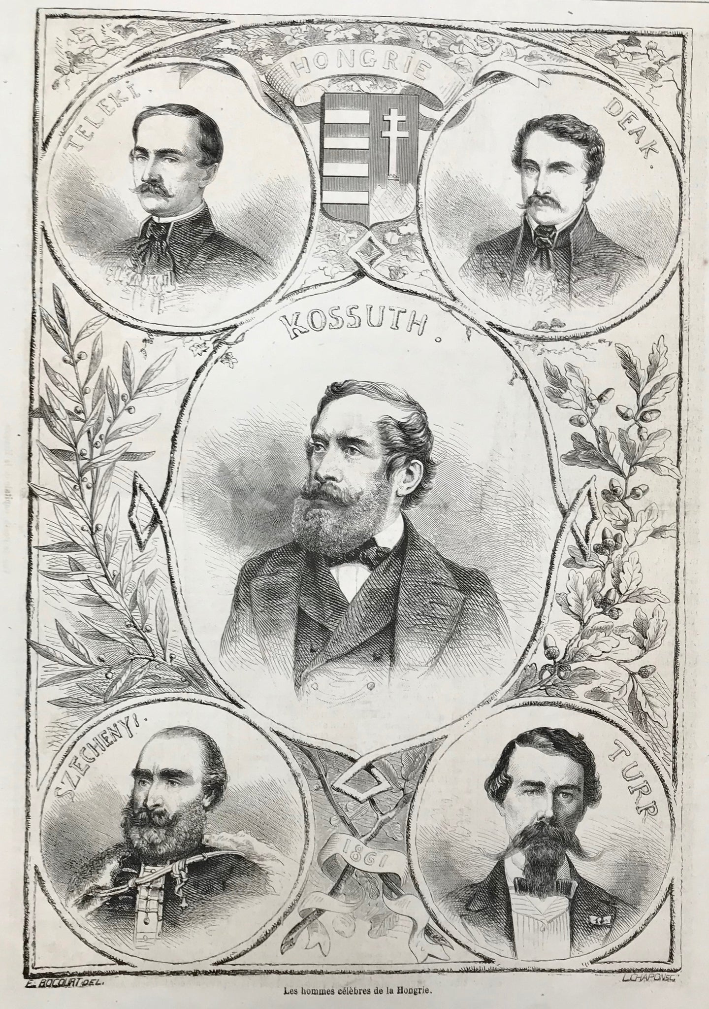 Hungary: "Les hommes celebres de la Hongrie"  Teleki, Deak, Kossuth, Szecheny, Turr  Wood engraving by L. chapon after E. Bocourt ca 1875. Reverse side is printed.