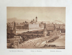 "Le Kremlin ( Moscou ) Kremel in Moskau. Kremlin, Moscow"  Anonymous lithograph printed in a very pleasant sepia tone. Published 1889. Included is an extra page of text in German about the Kremlin.