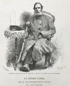 Russia, "Le prisonnier mysterieux de Solovetsk, Nicolas Ilyn."  Wood engraving by Neuville after a photograph, 1867. Below the image and on the reverse side is text about Nicolas Ilyn.