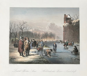 "Dutch Winter Scene, Holländische Winter Landschaft"  Steel etching by A.H. Payne after A. van der Velde, ca 1850. Exquistite modern hand coloring. 