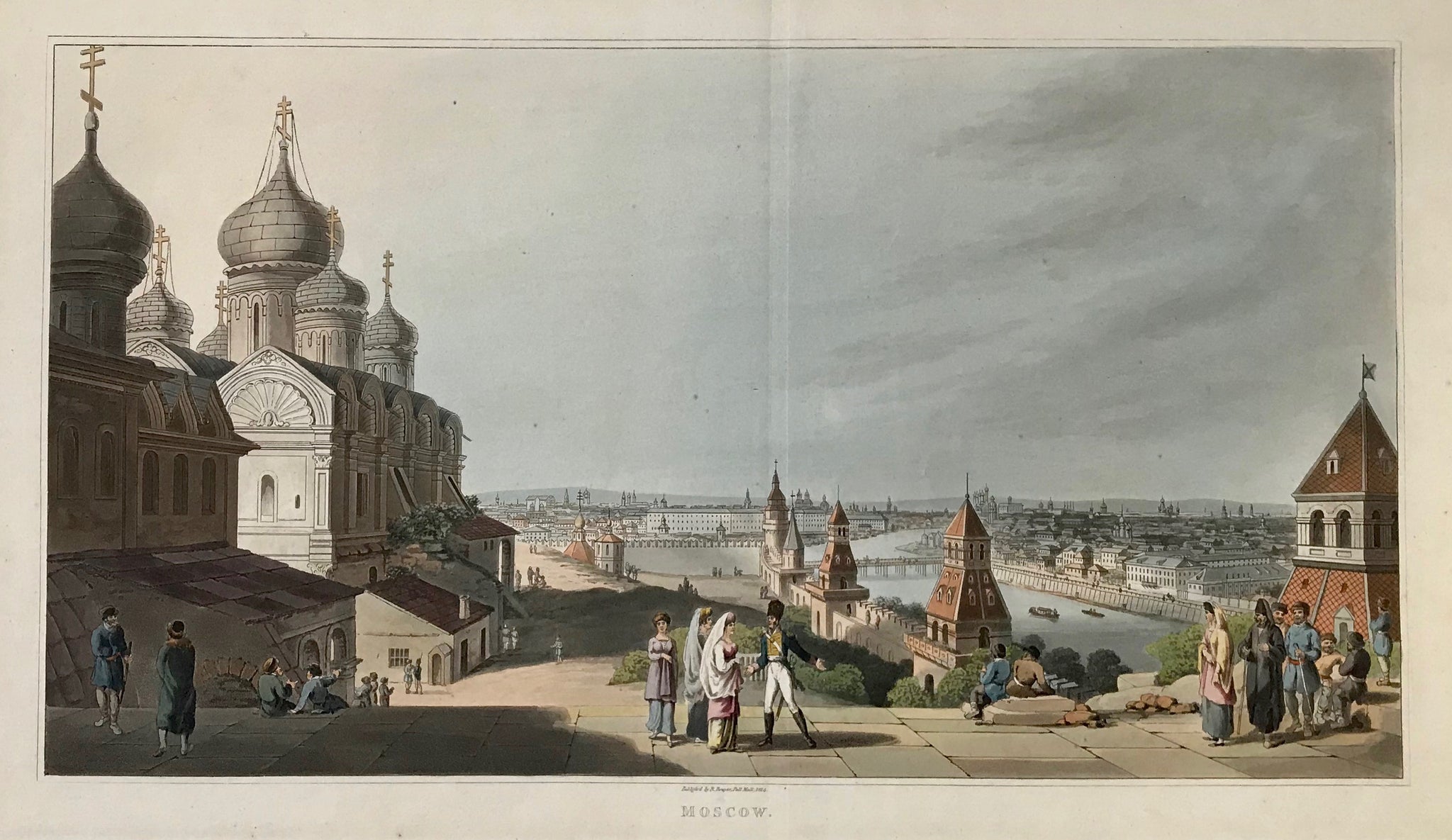 "Moscow".  Type of print: Aquatint  Color: Finely executed original hand coloring  Publisher: Robert Bowyer (1758-1834)  Where / When: London, aquatints is dated 1814. Publication: 1816  Published in: "An illustrated Record of important Events during the years 1812-1815"  A very attractive, beautifully hand-colored panoramic view of Moscow. The Kremlin left foreground.