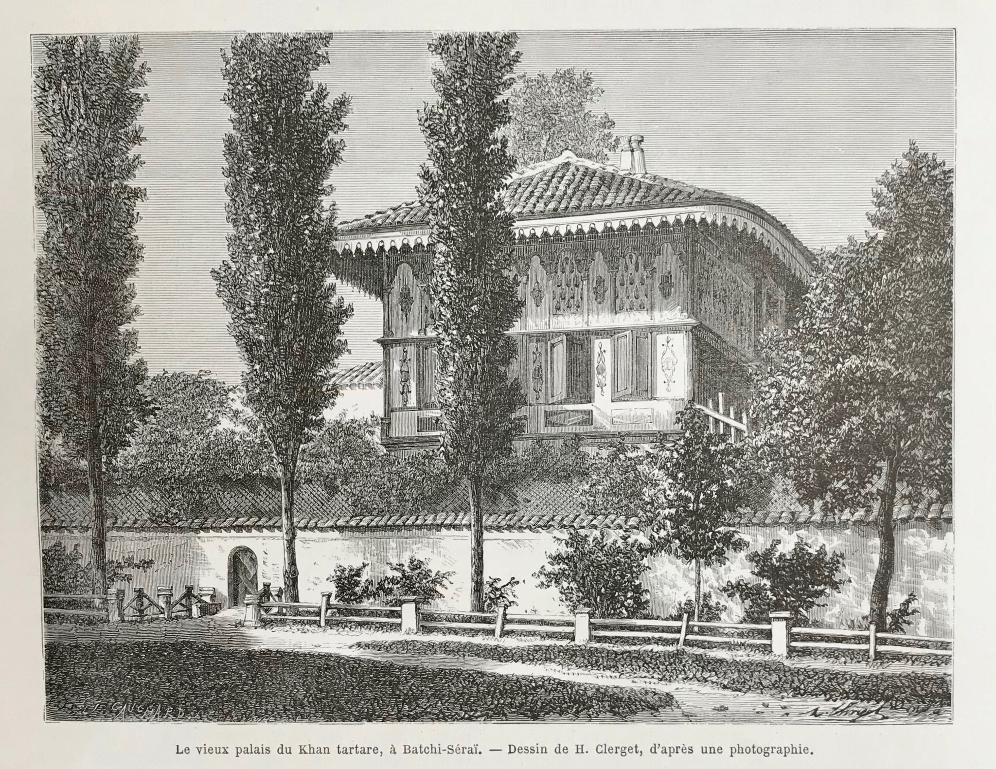 Ukraine, "Le vieux palais du Khan tartare, a Batschi-Serai."  Wood engraving by Clerget after a photograph, 1872. Reverse side is printed.