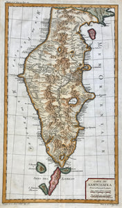 "Carte du Kamtchatka" (Kamchatka)  Copper etching by Laurent. Published by by Jacques-Nicolas Bellin in his ãPetit Atlas". Paris 1764. Very good recent hand coloring.  Map shows in detail the Kamchatka peninsula together with the northernmost Kuril islands with both, their Russian and their Japanese names.
