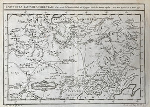 Russia, Cina,  "Carte De La Tartarie Occidentale Pour servir a l'Histoire Generale des Voyages." Copper etching by Bellin dated 1749.  In the center of the map is Lake Kurahan Ulan, the scene of the siege of Karakum ou Kuran. In the north is part of Siberia. In the lower right is part of China with Peking and the Golfe of Lyau-tong.