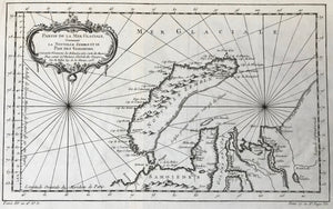 "Partie de la Mer Glaciale Contenant la Nouvelle Zenble et le Pais et le Pais des Samoides". Copper etching by Nicolas Bellin. Dated 1758.  Detailed area of the Russian Arctic Sea. Kara Sea and Obi Gulf.
