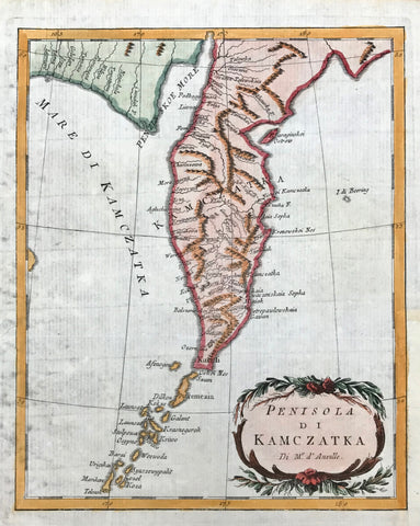 Map, Russia, "Peninsola di Kamczatka"  Copper engraving by Jean Baptiste d`Anville a 1750. Attractive hand coloring.