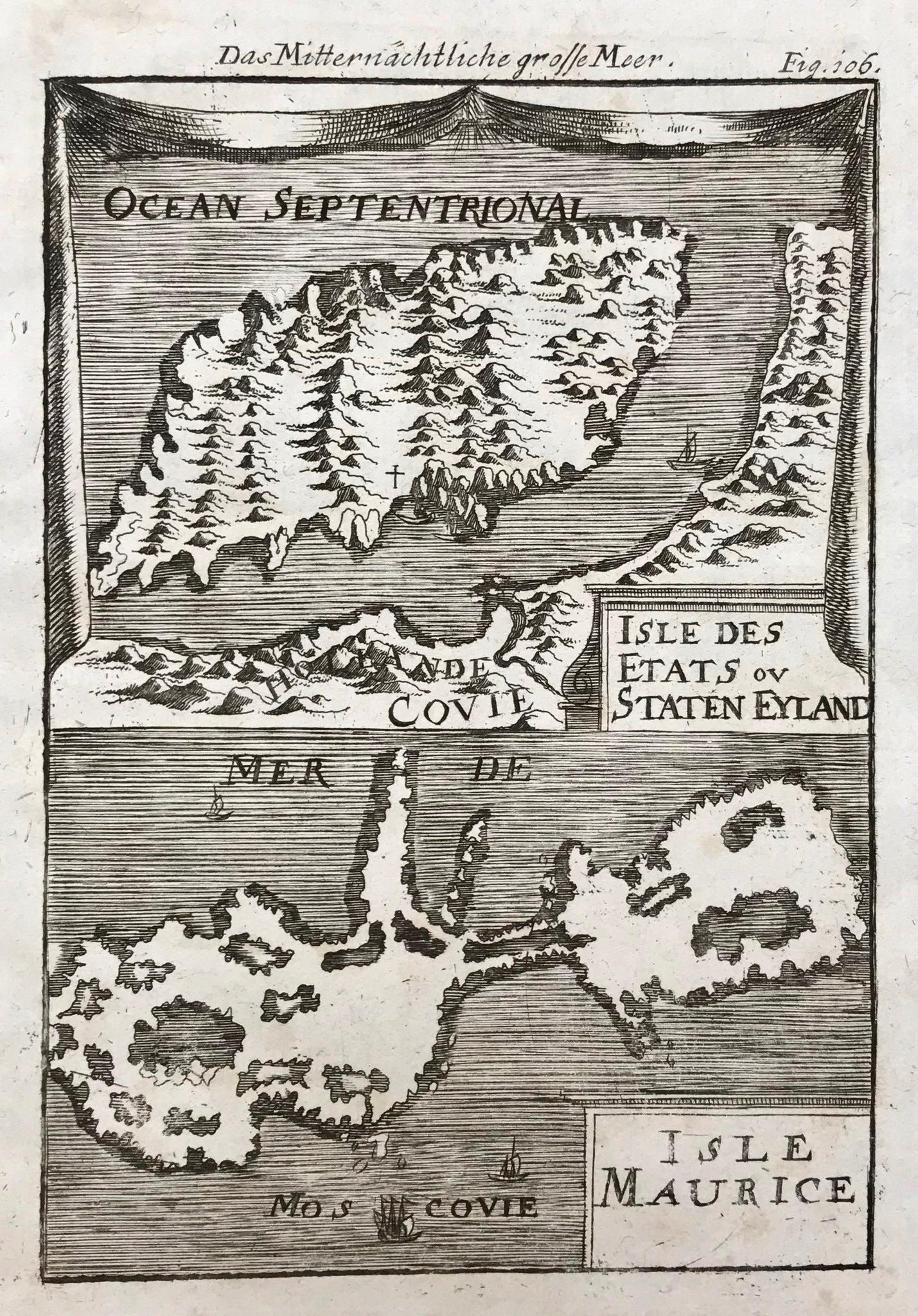 Russia, Das Mitternaechtliche grosse Meer. - Isle Des Etats ou Staten Eyland. - Isle Maurice.  Copper engraving by Allain Amallet, 1719. Shows the islands to the north of Lapland and Russia.