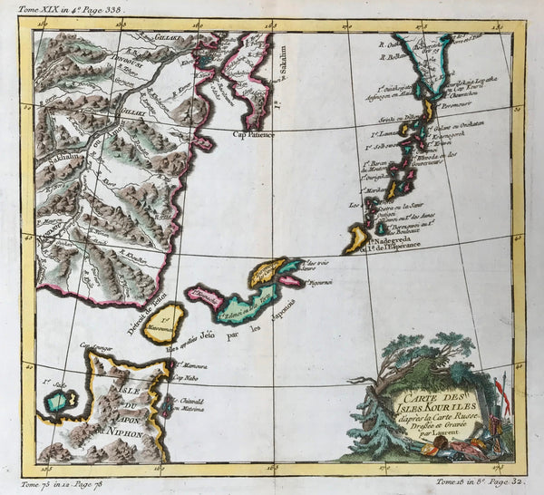 "Carte des Isles Kouriles d'apres la Carte Russe.". Copper engraving by Laurent for Bellin ca 1760. Fine, recent hand coloring. In the upper right ispart of the Kamchatka Peninsula with the Kuril Islands below. Southwest of the Kurils are the islands northern Japan. In the upper left is part of Sakhalin and the mouth of the Amur River.