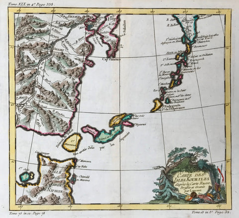 "Carte des Isles Kouriles d'apres la Carte Russe.". Copper engraving by Laurent for Bellin ca 1760. Fine, recent hand coloring. In the upper right ispart of the Kamchatka Peninsula with the Kuril Islands below. Southwest of the Kurils are the islands northern Japan. In the upper left is part of Sakhalin and the mouth of the Amur River.