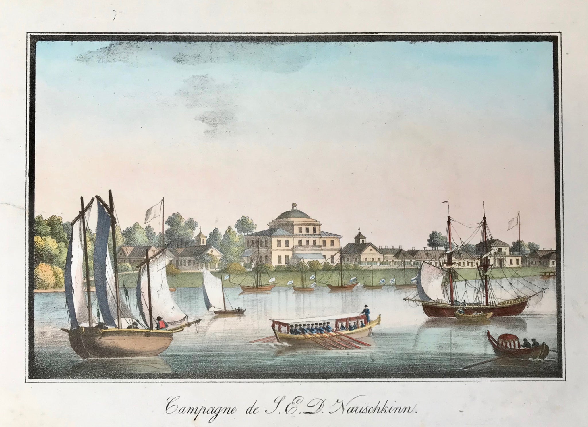 Russia, St. Petersburg. - "Campagne de S.E.D. Narischkinn"  Anonymous lithograph ca 1850. Original attractive hand coloring.  In the middle of the left margin is a repaired tear reaching 1 centimeter into the image.