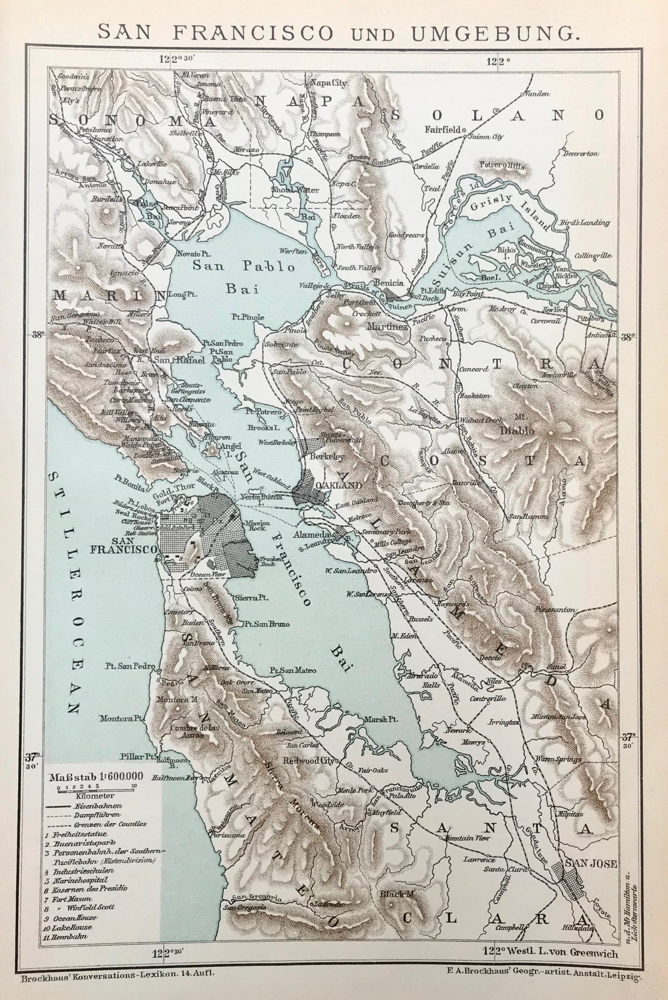 "San Francisco und Umgebung" (Sanfrancisco and surrounding area)  This print of the area around San Francisco was published 1895. The lines show the railway and ferry routes of the time. The county borders are shown.