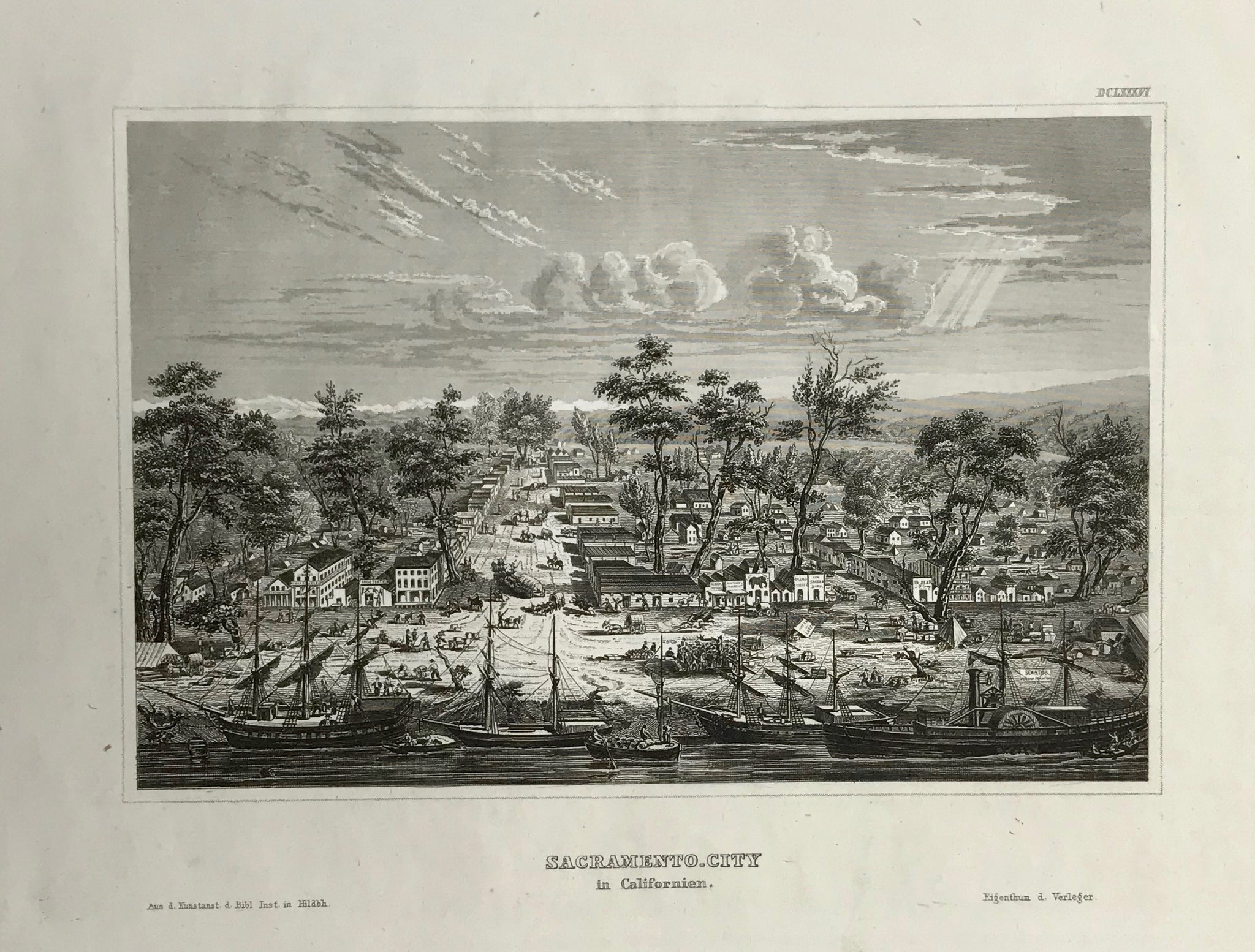 SACRAMENTO CITY.  Steel engraving from the Bibliograph. Institut in Hildburghausen ca 1845.