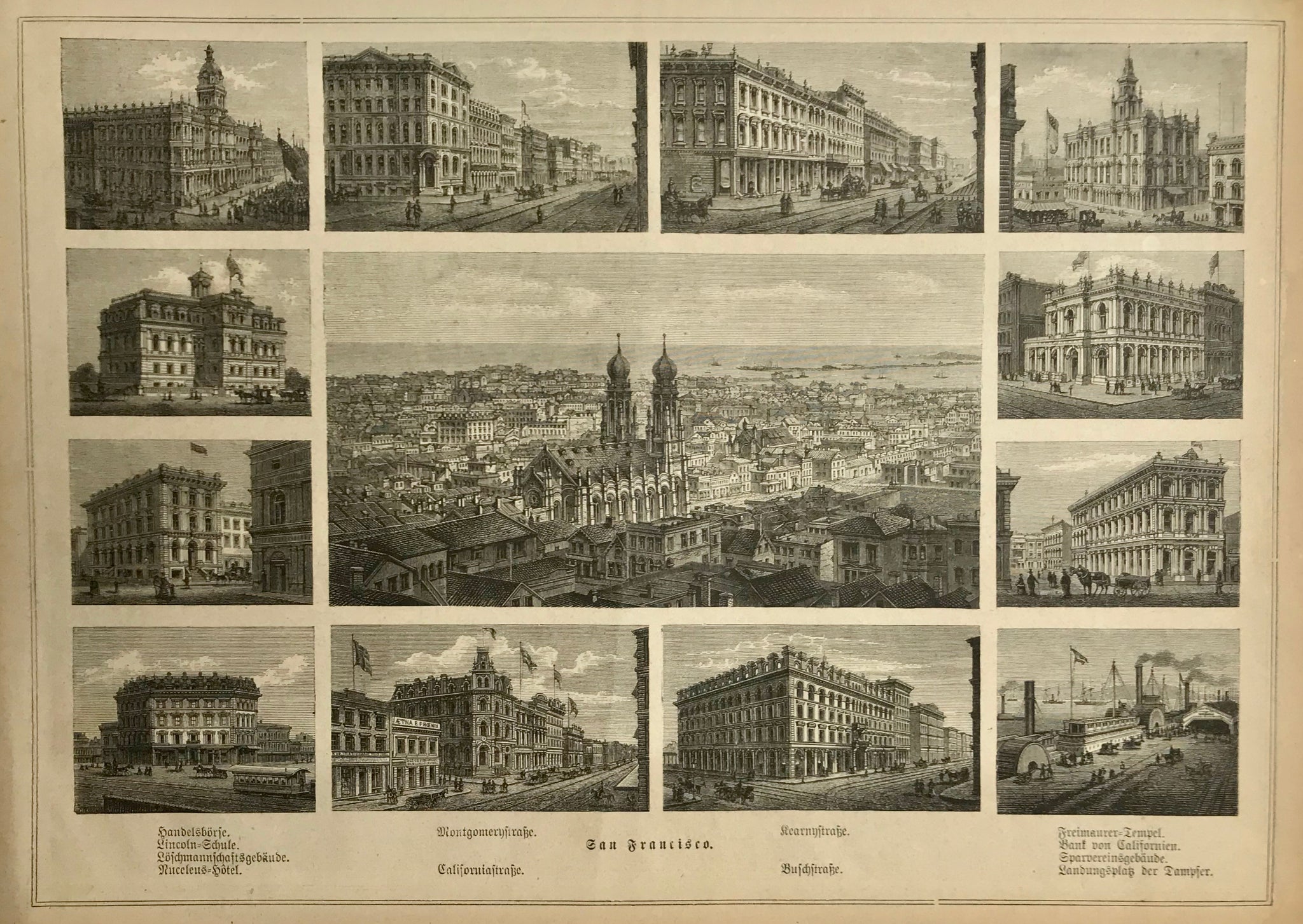 San Francisco  Wood engraving ca 1885. Backside is printed. Overall light age toning.