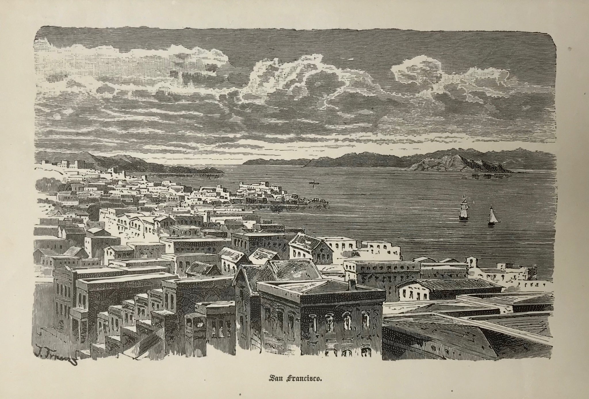 "San Francisco"  Wood engraving printed in light beige on white background 1877.