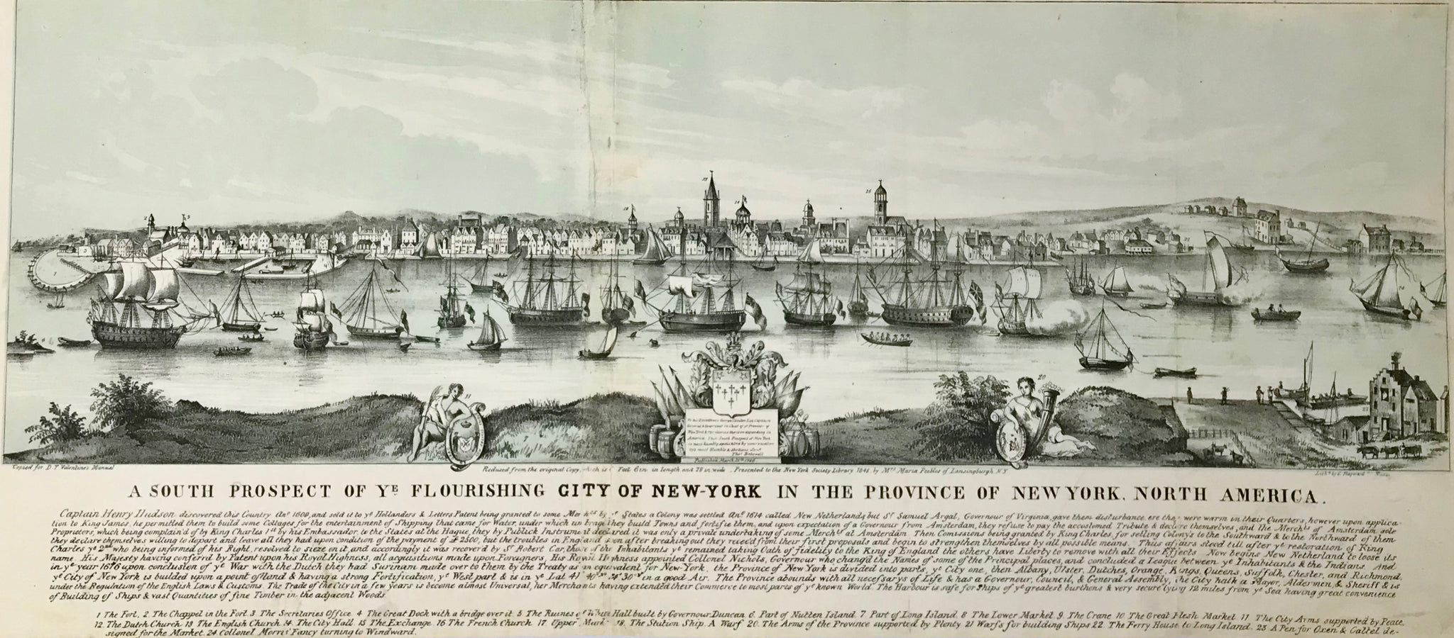 A South Prospect Of Ye Flourishing City Of New-York In The Province Of New York. North America  A tone lithograph (tone in very light green) by G. Hayward for Valentine's Manuel. New York, 1848. The lithograph was a text illustration for a historical account of NYC, published in 1853. 