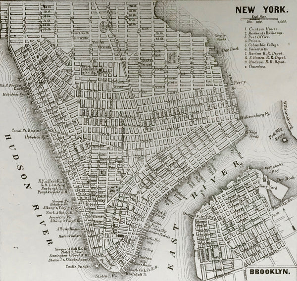 "Plaene der Staedte New York mit Brooklyn und Boston in Nord Amerika."  On the left side is a detailed plan of Boston and on the right New York City and Brooklyn. The most important places have a numbered key.