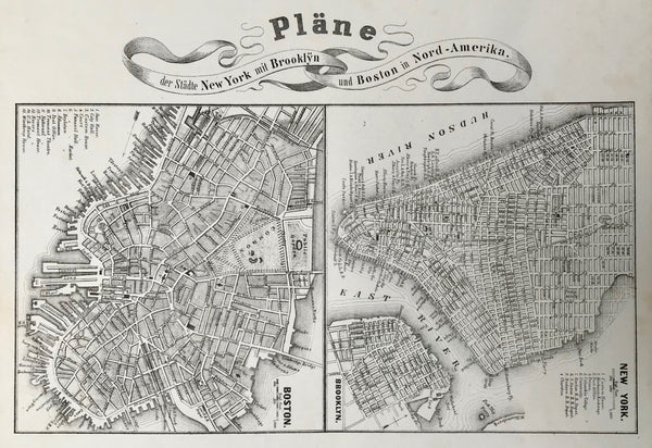 "Plaene der Staedte New York mit Brooklyn und Boston in Nord Amerika."  On the left side is a detailed plan of Boston and on the right New York City and Brooklyn. The most important places have a numbered key.