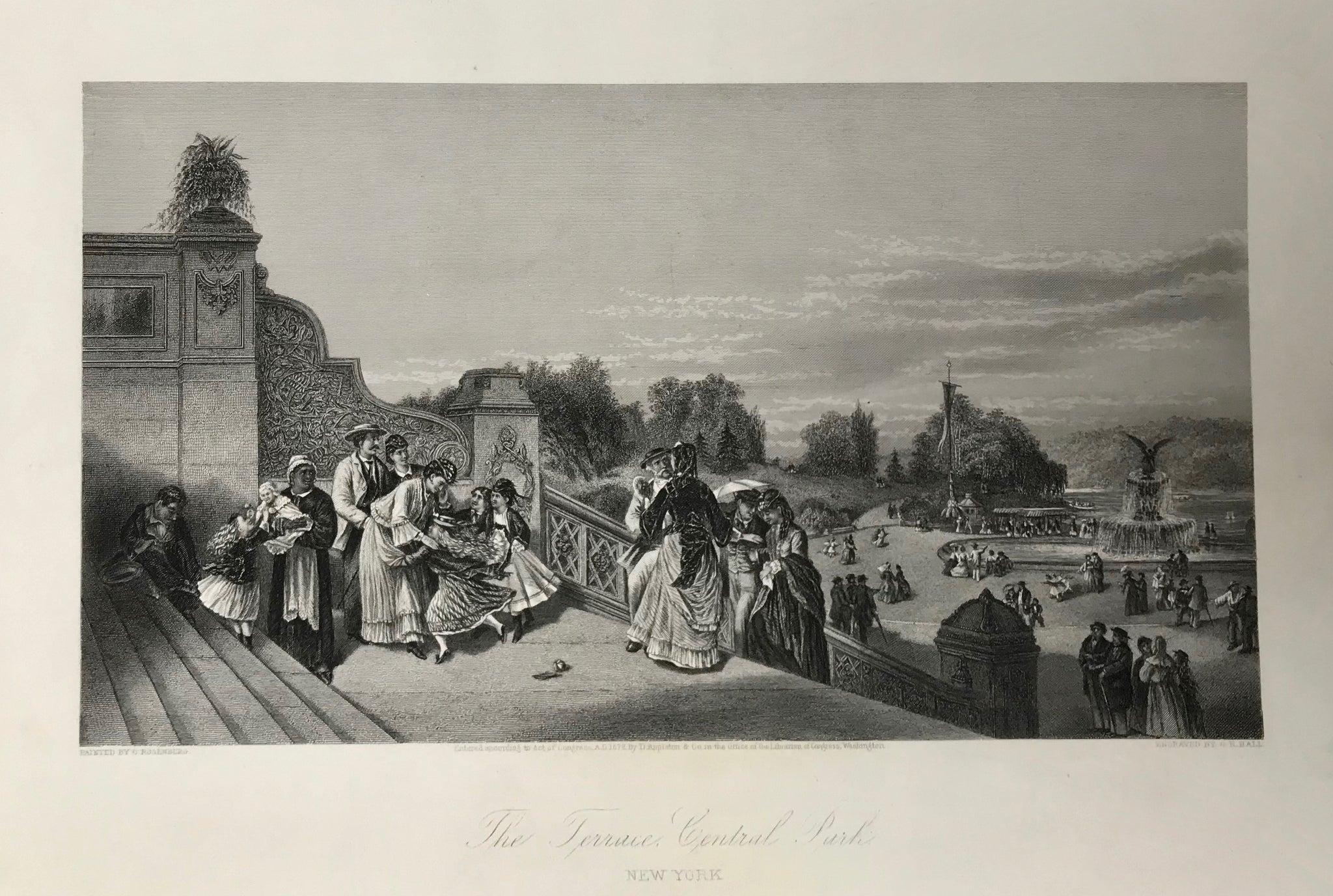 USA, New York, "The Terrace, Central Park"  Fine steel engraving by G. R. Hall after Rosenberg ca 1860.