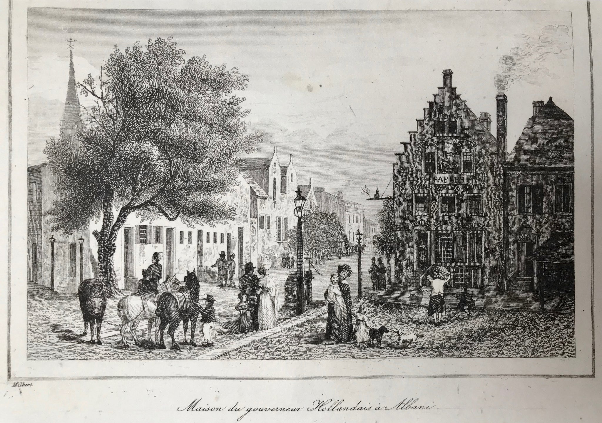 USA, Albany, "Wohnung des hollandischen Gouverneures in Albani"  Steel engraving ca 1860.