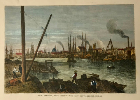 Philadelphia, From Below The New South-Street-Bridge.  Wood engraving after G. Perkins, ca 1870. Modern hand coloring. On the backside is text and a black and white image of the "Wire Bridge at Fairmont".