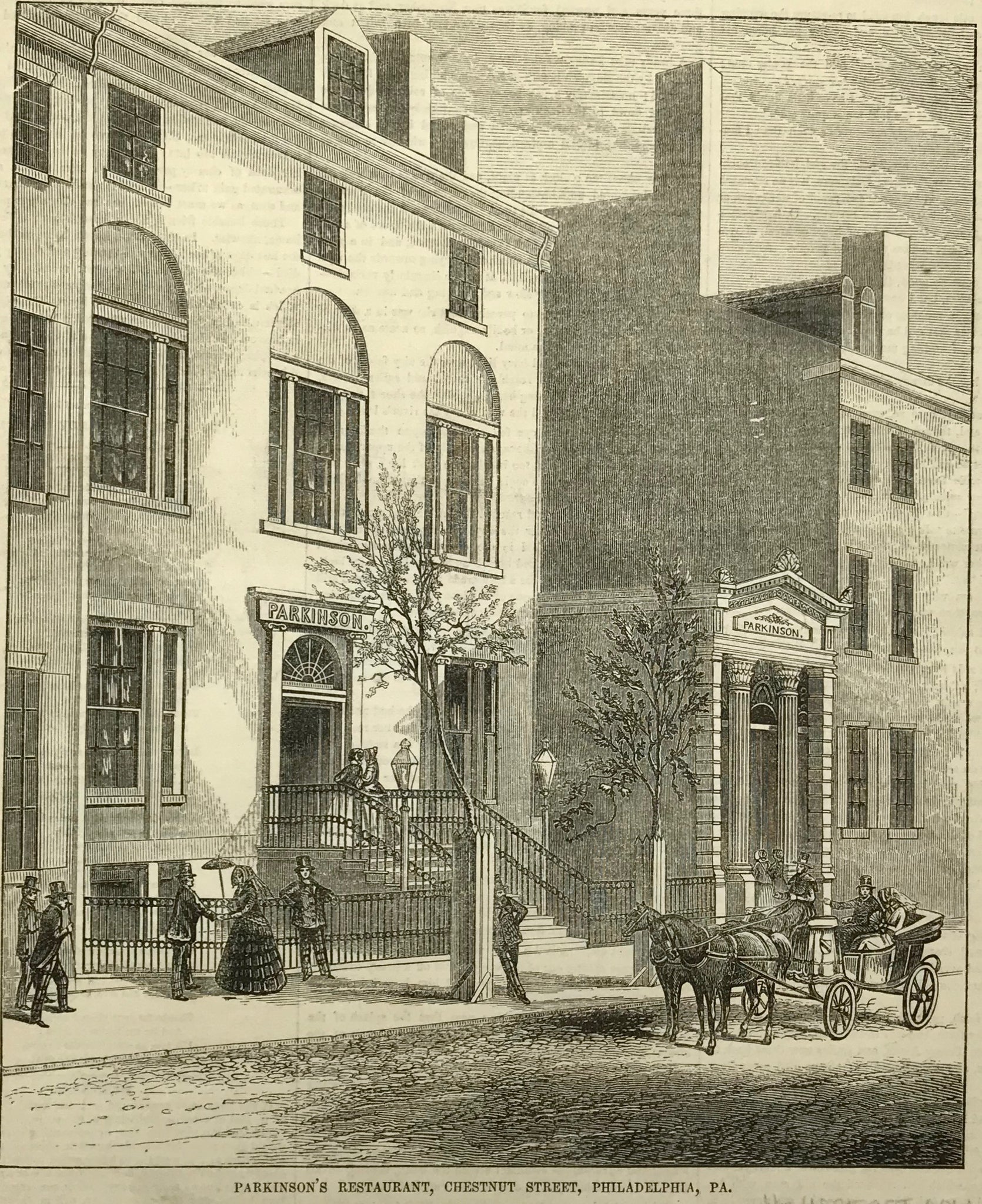 Parkinson's Restaurant, Chestnut Street, Philadelphia, Pa.  Wood engraving ca 1860. Backside is printed.