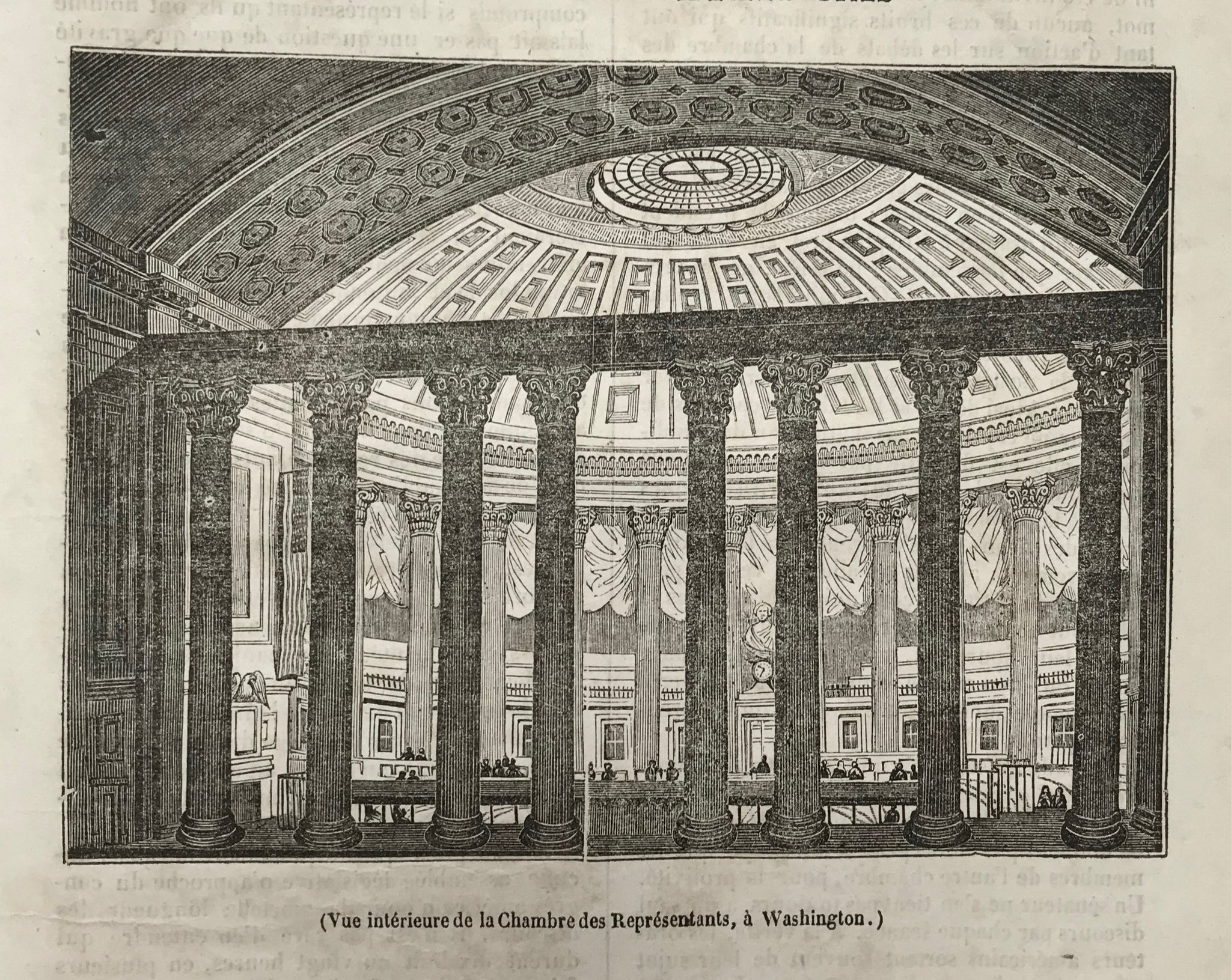 (Vue Interieure de la Chambre des Represents, a Washington.)  Wood engraving published 1844. Below the image and on the reverse side is text in French about the US Congress.