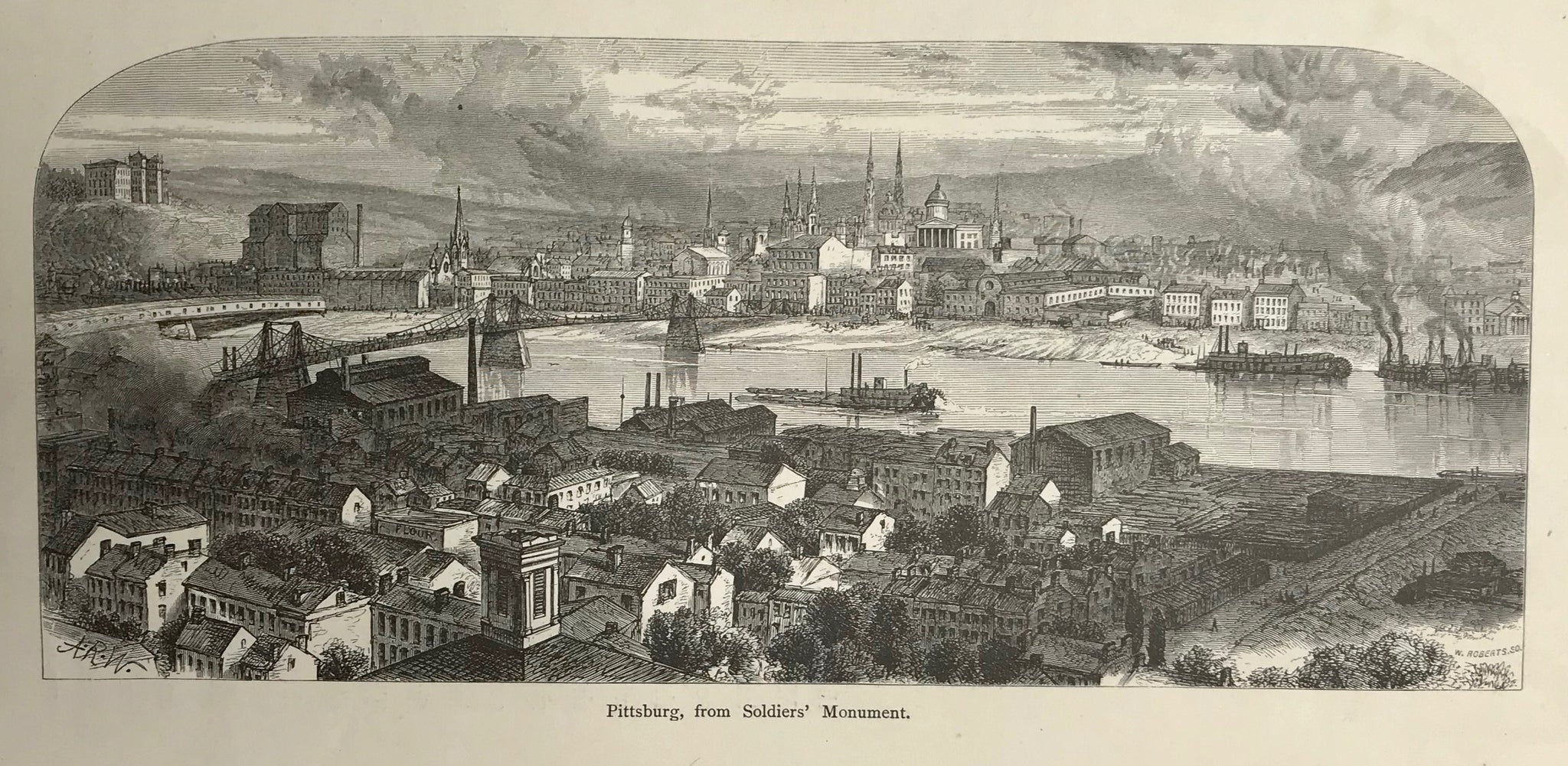 "Pittsburg, from Soldier's Monument"  Wood engraving ca 1875. Reverse side is printed.