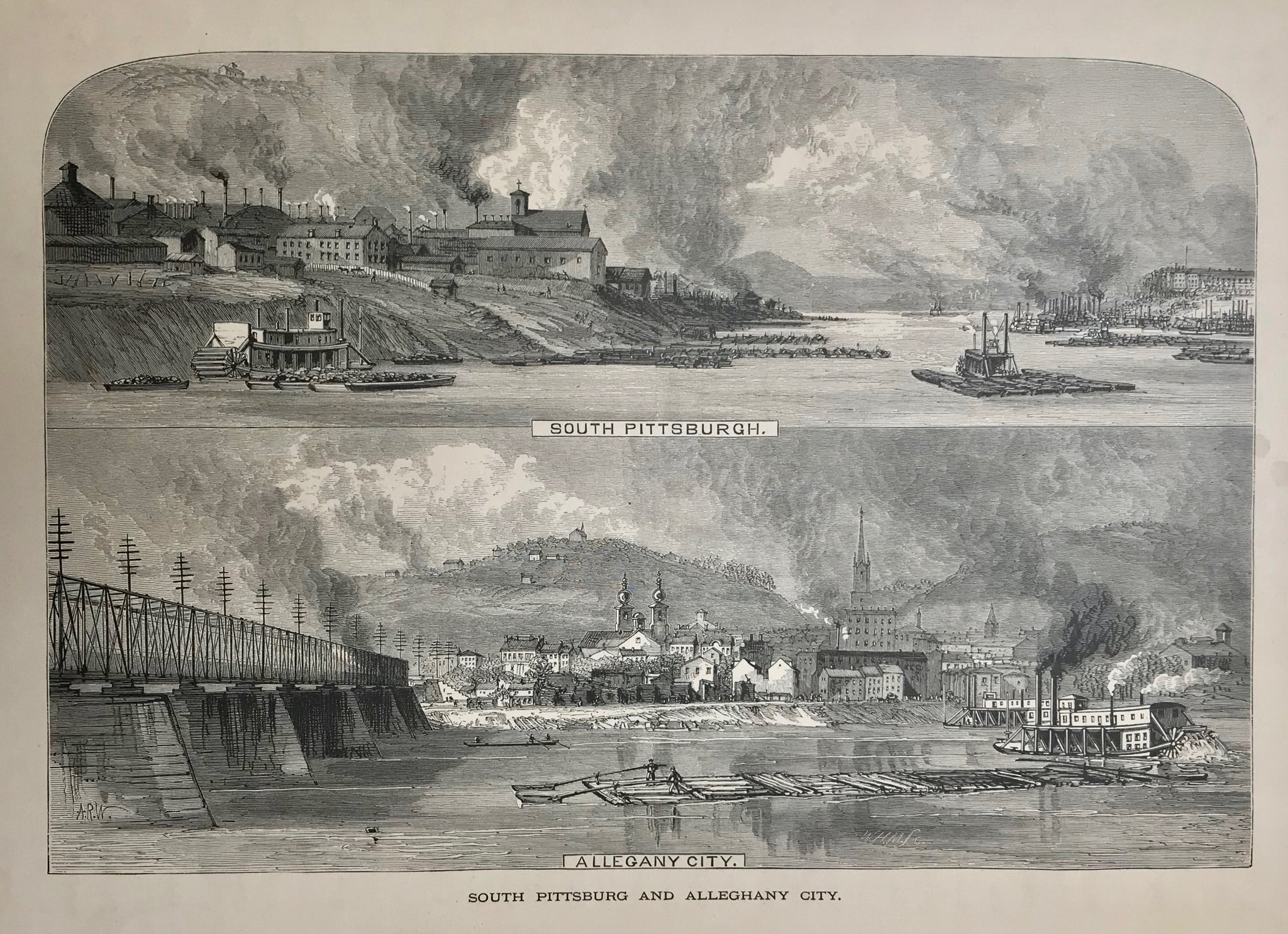 USA, "South Pittsburg and Allegheny City."  Wood engraving by Alfred R. Waud from the "Juanita", ca 1870. Print has age toning and text with image (Ohio by Marietta) on backside.