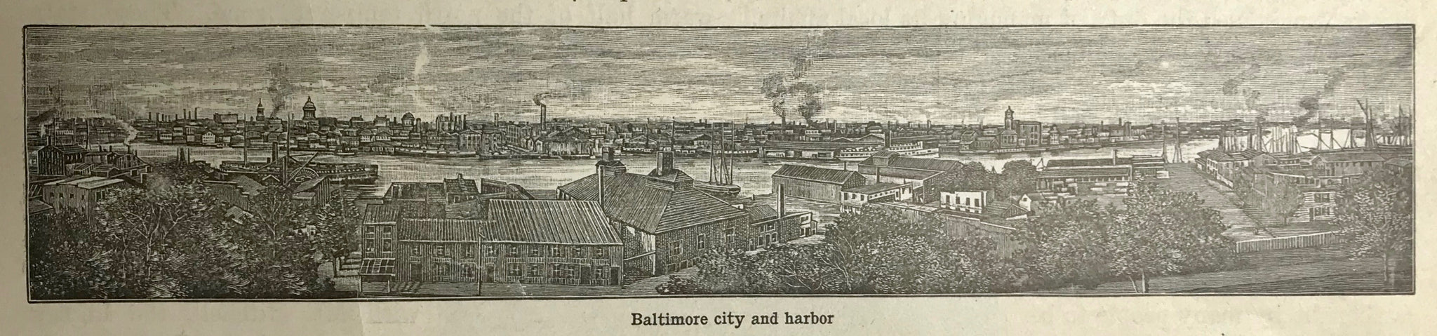 "Baltimore city and harbor"  Wood engraving ca 1885. Reverse side is printed.