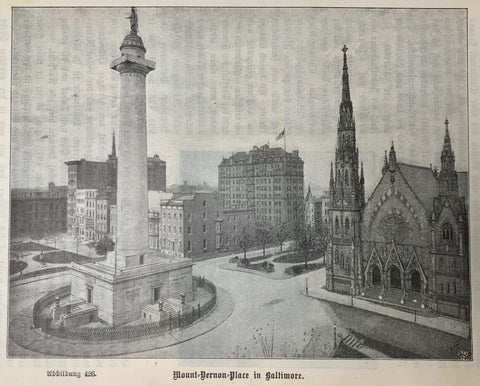 "Mount Vernon Place in Baltimore"  Text illustration, 1900. Reverse side is printed.