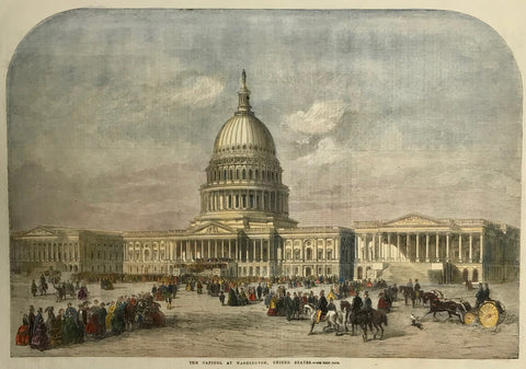 "The Capitol at Washington, United States".  Anonymous pleasantly hand-colored wood engraving. Dated 1859.