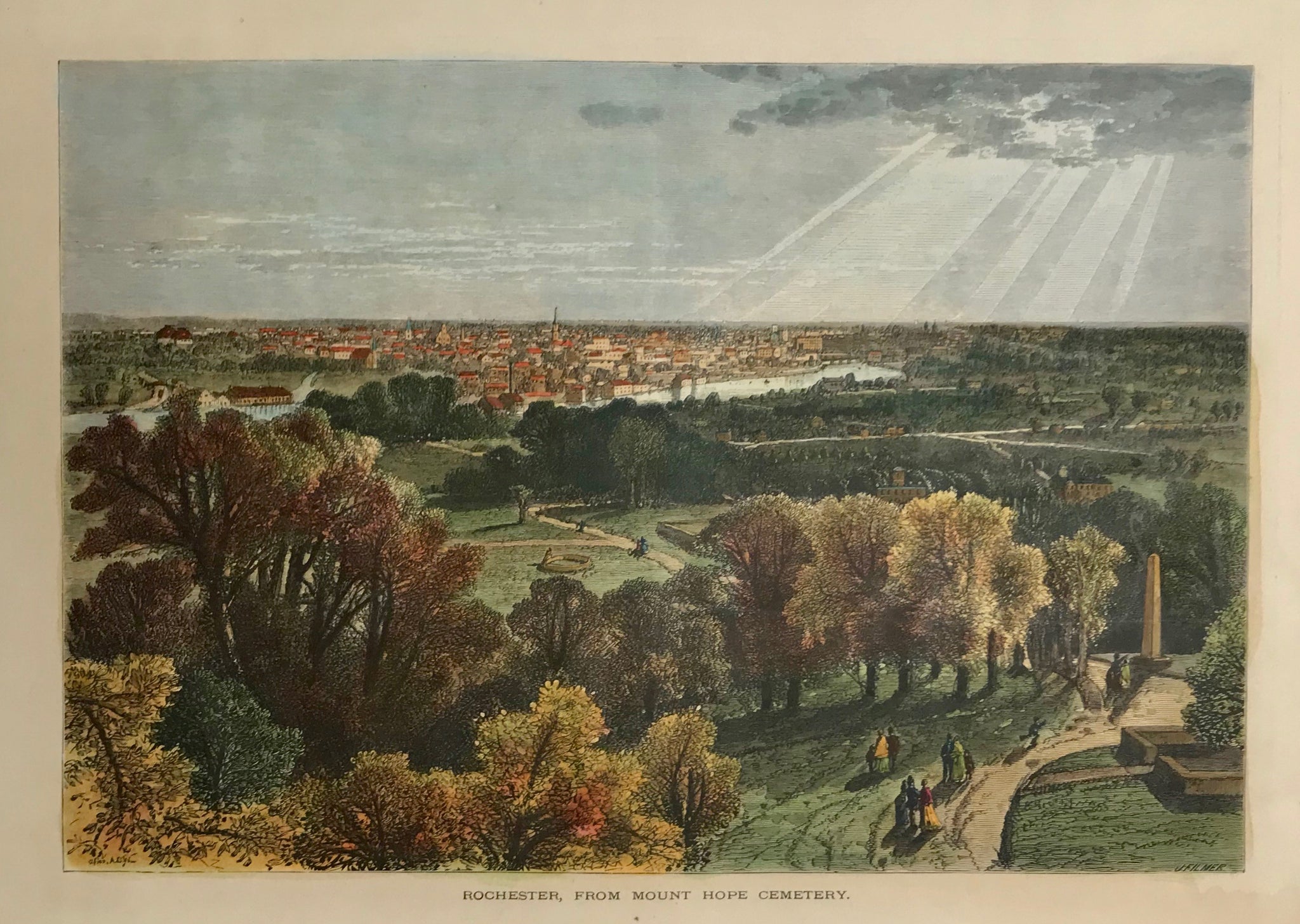 Frontside image: Rochester, From Mount Hope Cemetery  15.7 x 23.2 cm ( 6.1 x 9.1 ") Wide margins. Light stains on margin edges.  Backside image: East Side, Upper Falls of the Genesee.  21.2 x 15.5 cm ( 8.3 x 9.1 "). Light staining and spotting in margins.