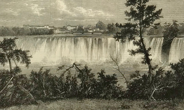 Upper image: " Portion of the Horseshoe Fall, Niagara" Lower image: "The American Falls, Niagara"  Wood engravings made after photographs. Dated 1860. On the reverse side is an article about Niagra Falls. Minor sptting in margins.  Original antique print 