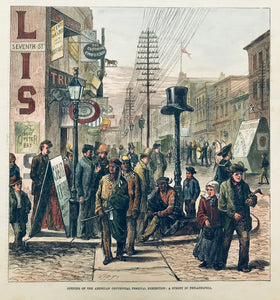 Opening of the American Centennial Festival Exhibition : A Street in Philadelphia. (Seventh Street. Native Americans crossing street.)  Wood engraving dated 1876. Contemporary hand coloring.