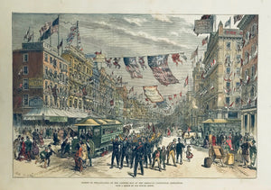 USA: "Street in Philadelphia on the opening day of the American centennial Exhibition."
