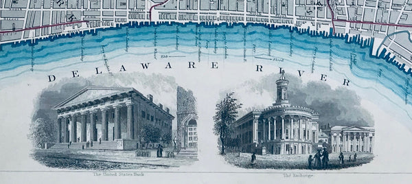 "Philadelphia"  At the bottom is the United States Bank and the Exchange. At the top is a bit of the Schuylkill River. Steel engraving printed by the "Society for the Diffusion of Useful Knowledge", 1840.