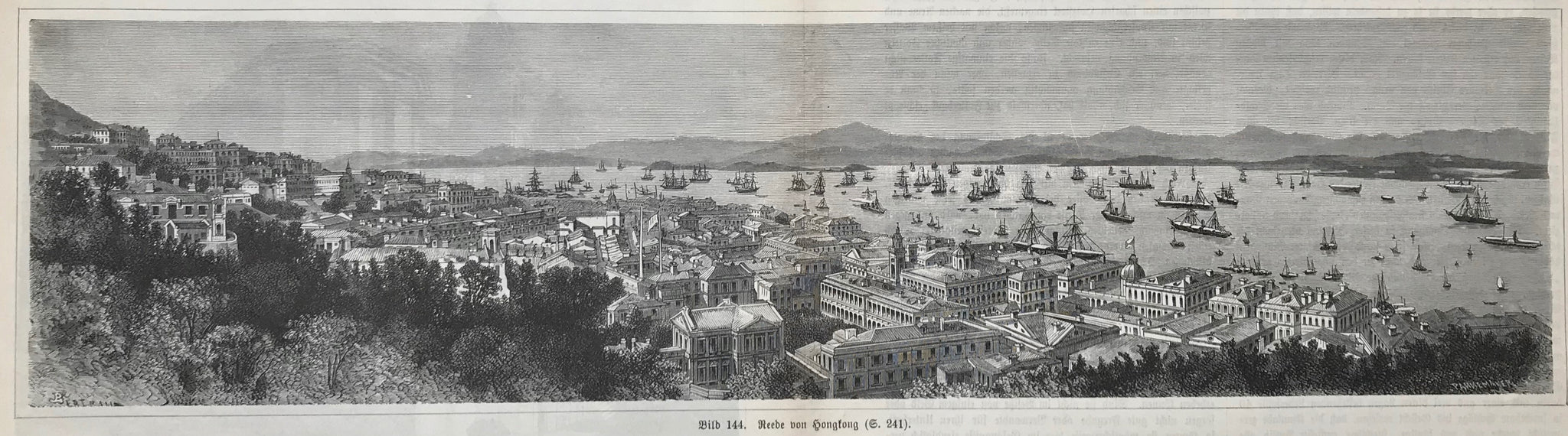 China, Hongkong, Panorama view of Hongkong  Wood engraving by Stephan Pannemaker (1847-1930)  From a German publication, 1895  Very good condition. Book page with printed Text above, below and verso including a wood engraving of St. John's Cathedral in Hongkong. Centerold.