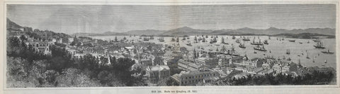 China, Hongkong, Panorama view of Hongkong  Wood engraving by Stephan Pannemaker (1847-1930)  From a German publication, 1895  Very good condition. Book page with printed Text above, below and verso including a wood engraving of St. John's Cathedral in Hongkong. Centerold.