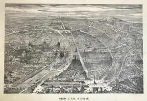 "Paris A Vol D'oiseau". (Bird's eye view of Paris.)  Wood engraving by Henri Linton after the drawing by Emile Bourdelin. Published by "Le Monde Illustré". Paris, 1860  Extraordinary folio-size, detailed bird's eye view of the French capital.