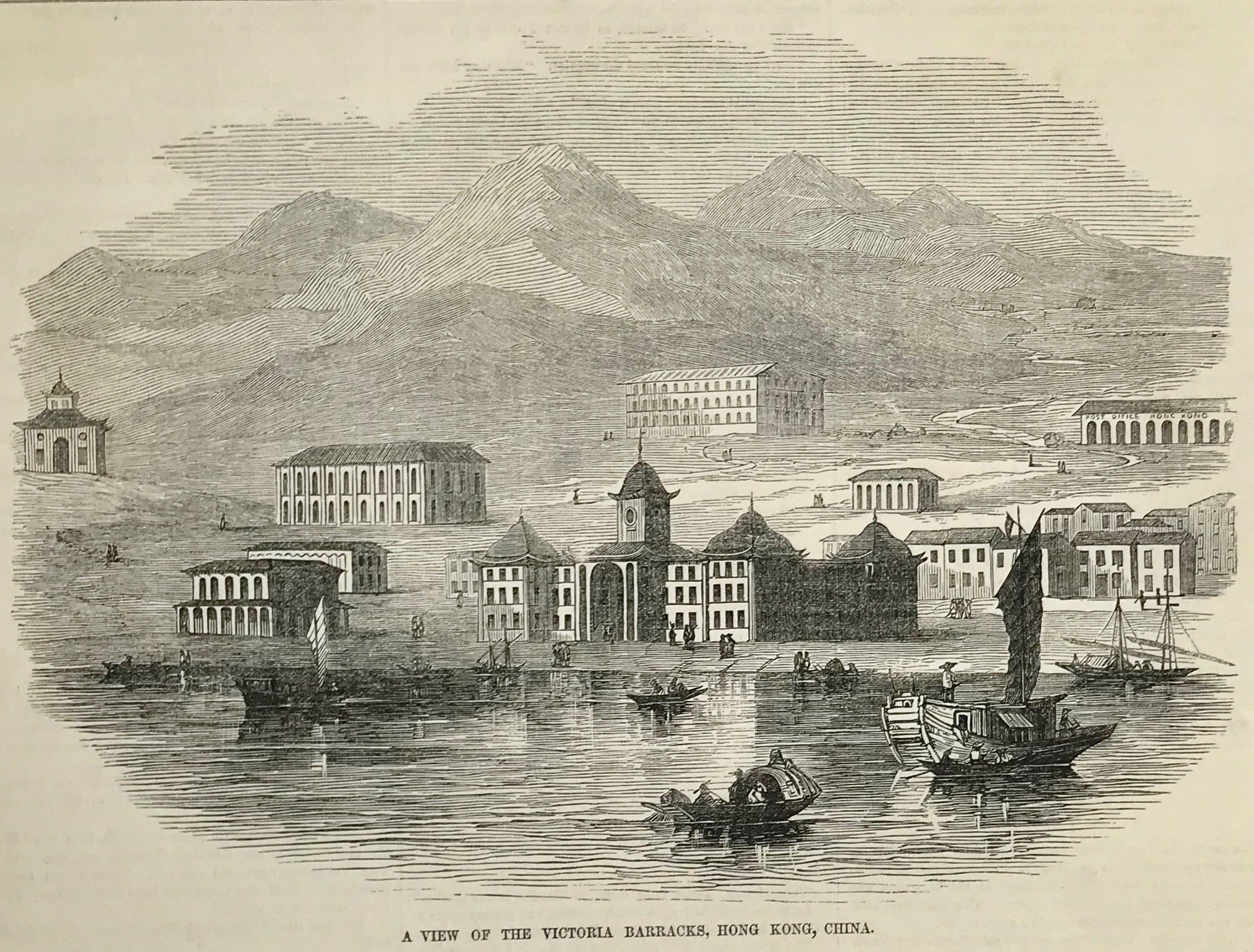 China, "A View of the Victoria Barracks, Hong-Kong, China"  Wood engraving. Ca. 1860