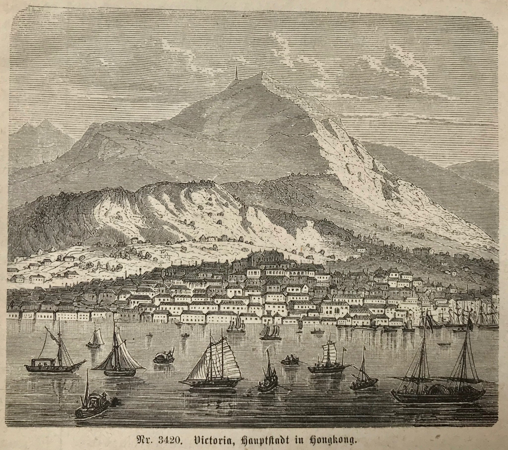 "Victoria, Hauptstadt in Hongkong."  Wood engraving 1875. Reverse side is printed.