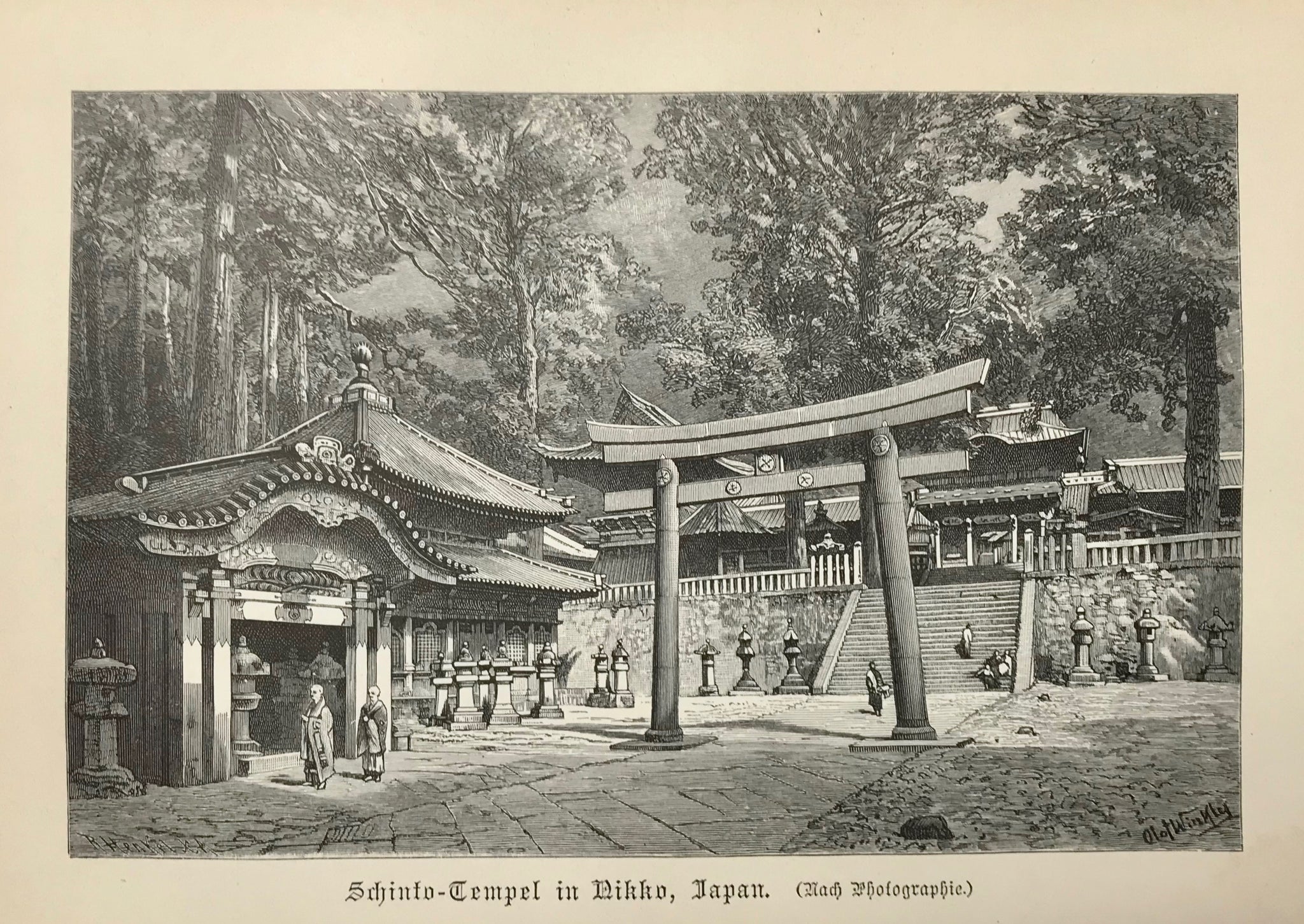 Japan, "Shinto-Tmpel in Nikko, Japan" Wood engraving made after a photograph ca 1900. Very light age toning.