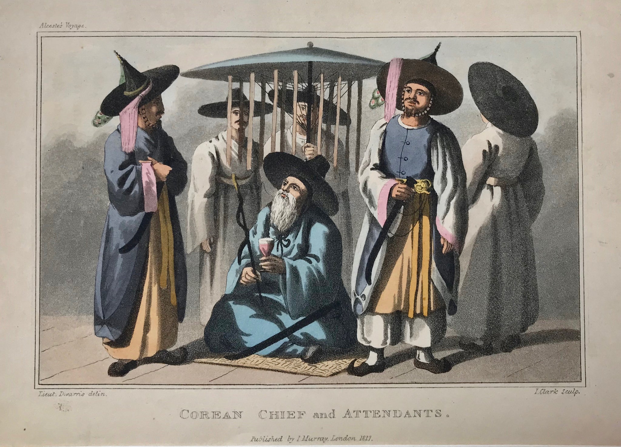 Corean Chief and Attendants  Original hand-colored aquatint by I. Clark after Lt. Dwarris. Published in London, 1817.