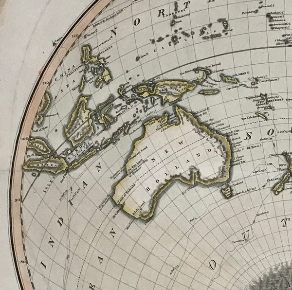 This very interesting map shows the southern hemisphere with the South Pole shown in sketchy form. Notice Australia and Southeastern Asia on the upper left side. In the upper right part of the map are the Sandwich Islands (Hawaiian Islands). On the lower right is the southern part of South America. Lines show the various exploration routes of early explorers.