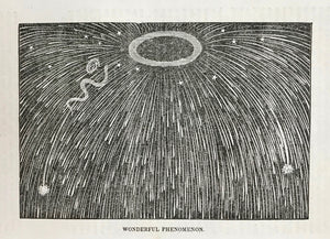 "Wonderful Phenomenon"  Wood engraving published 1844 of a fanciful sky with falling stars? meteors? On the reverse side is an article about the Harz Mountains.