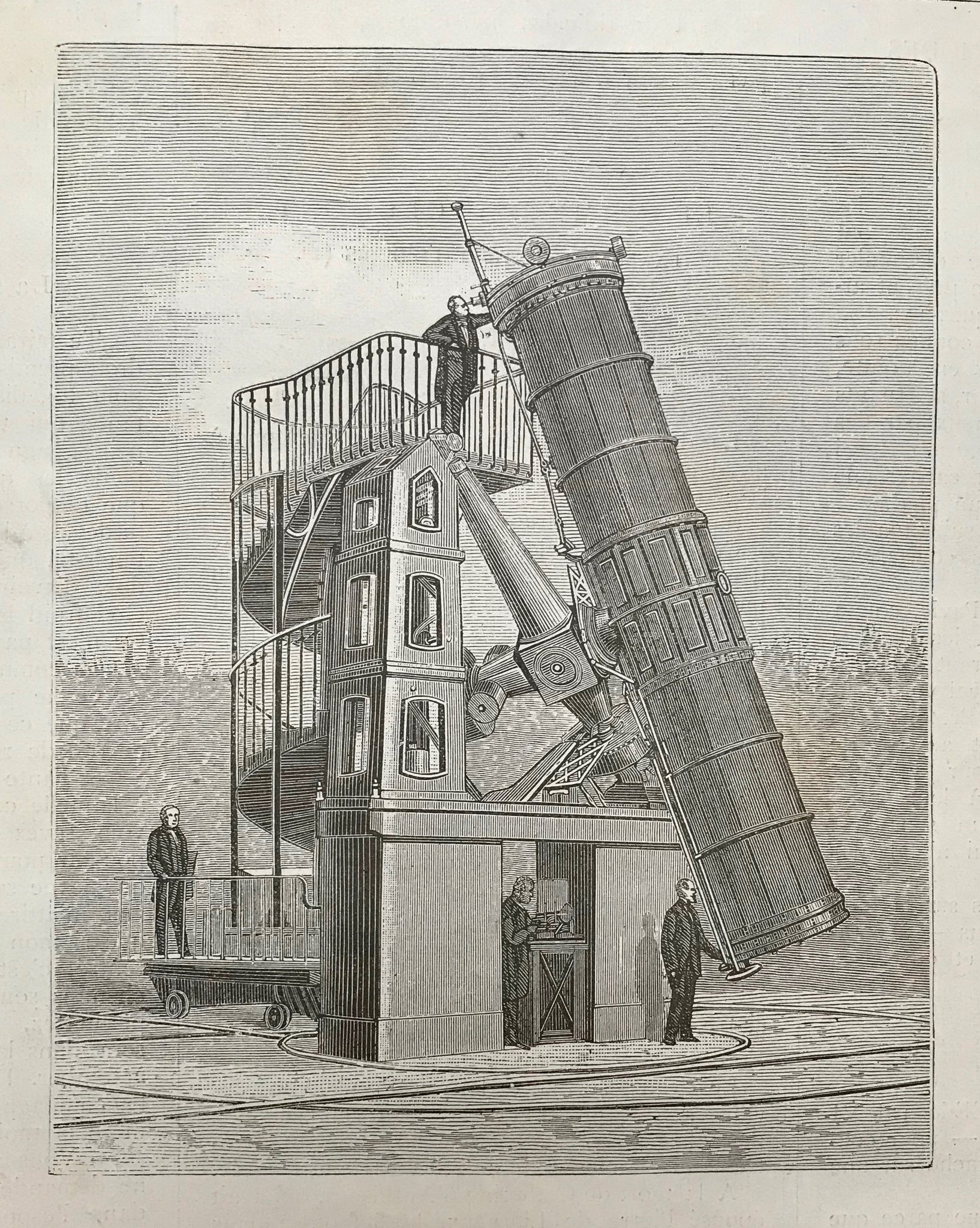 "Le Grand Telescope de L'Observatoire de Paris"  Wood engraving ca 1875. Reverse side is printed.